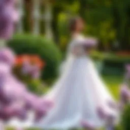 Elegant lilac bridal gown showcased in a serene garden setting