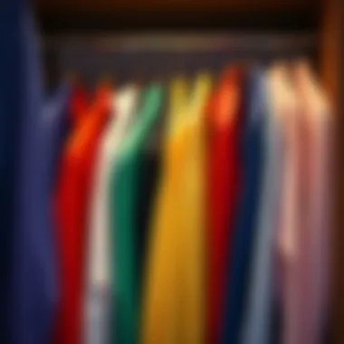 A neatly arranged wardrobe featuring various long collar shirts in vibrant colors.
