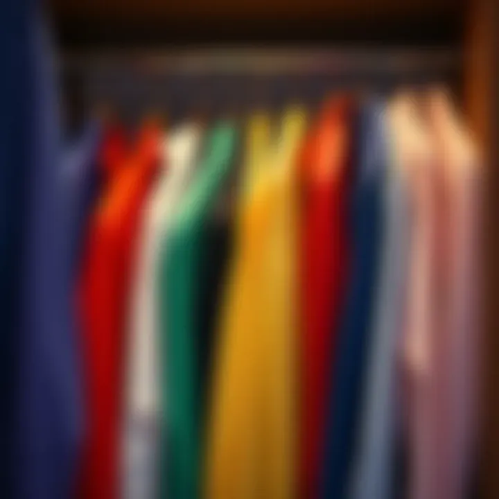 A neatly arranged wardrobe featuring various long collar shirts in vibrant colors.