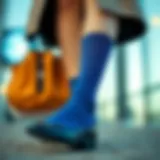 Elegant blue socks styled with a fashionable outfit