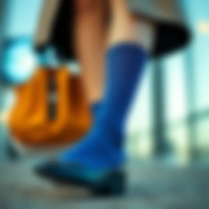Elegant blue socks styled with a fashionable outfit
