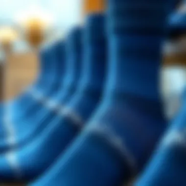 Close-up of luxurious blue socks on display
