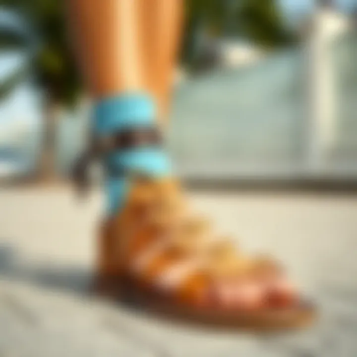 Trendy outfit featuring blue socks paired with sandals