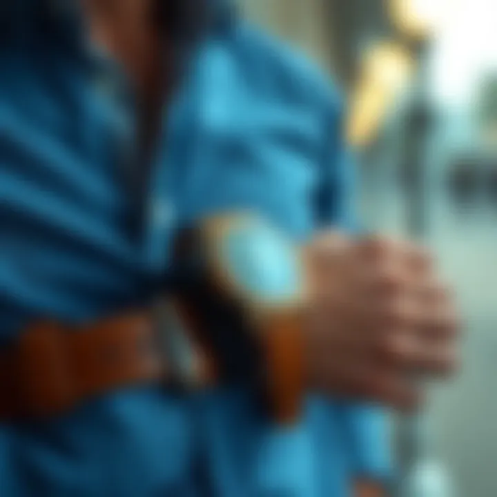 A blue shirt accessorized with a watch and belt for a polished finish