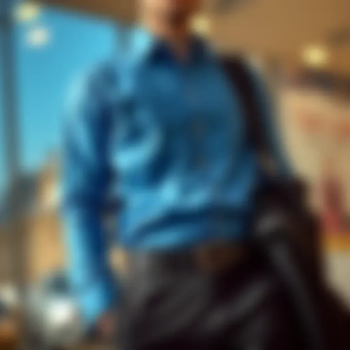 A blue shirt combined with tailored trousers for a formal appearance