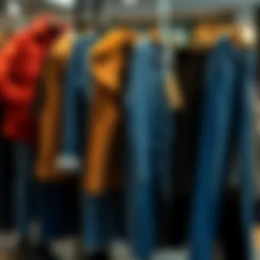 Winter Fashion Display of Blue Jeans and Coats An arranged display of different styles of blue jeans and coats for winter fashion