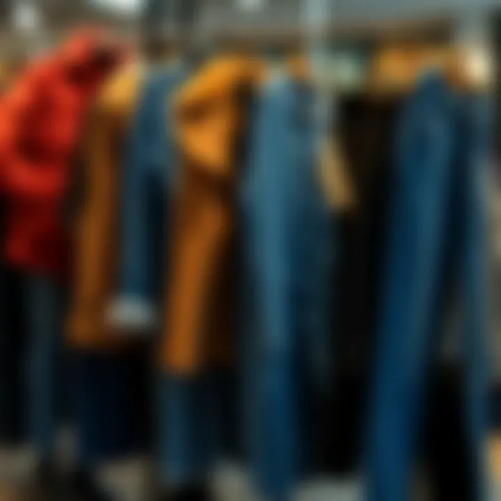 Winter Fashion Display of Blue Jeans and Coats An arranged display of different styles of blue jeans and coats for winter fashion