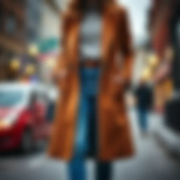 Stylish Pairing of Blue Jeans and Coat Stylish pairing of blue jeans and a tailored coat in a winter setting