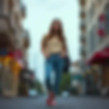 Casual outfit featuring blue denim pants paired with a simple top.