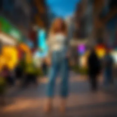 Stylish blue denim trousers accessorized for a night out.