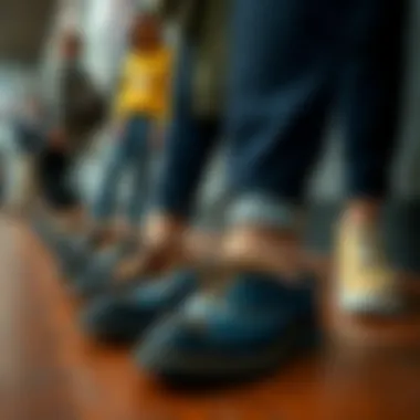 Navy shoes displayed with various outfit combinations