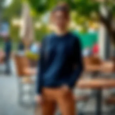 Versatility of Navy: Outdoor Chic Navy sweater showcased in a chic outdoor setting