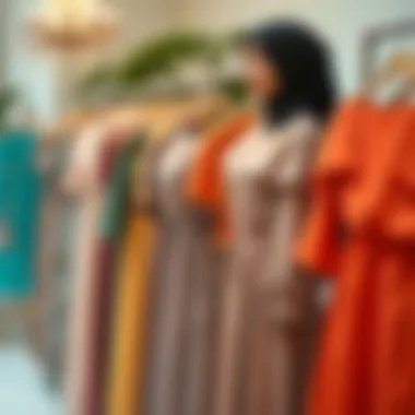 A curated selection of shoulder-detailed modest dresses displayed on a chic backdrop.