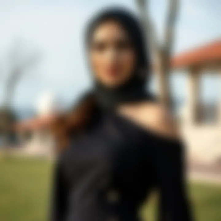 Fashionable woman wearing a shoulder-detailed modest dress in a serene setting.