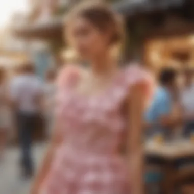 Woman wearing a ruffled shoulder dress at a summer party