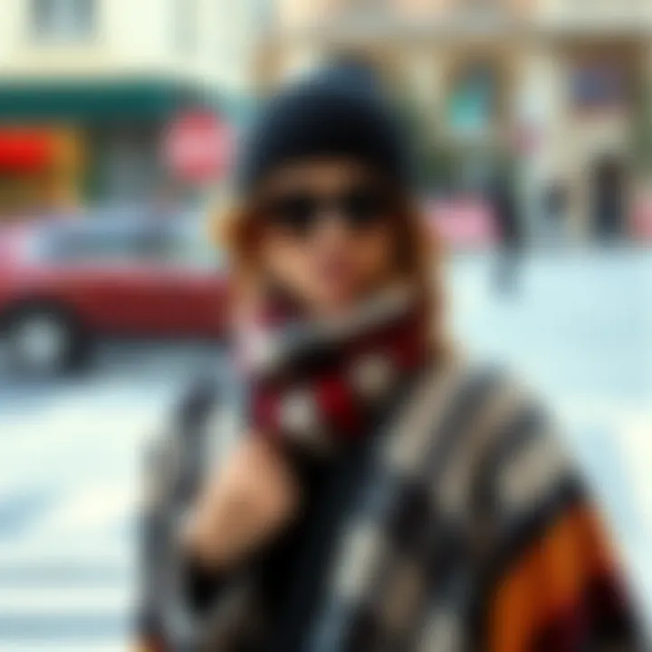 Stylish layering of a poncho with winter accessories