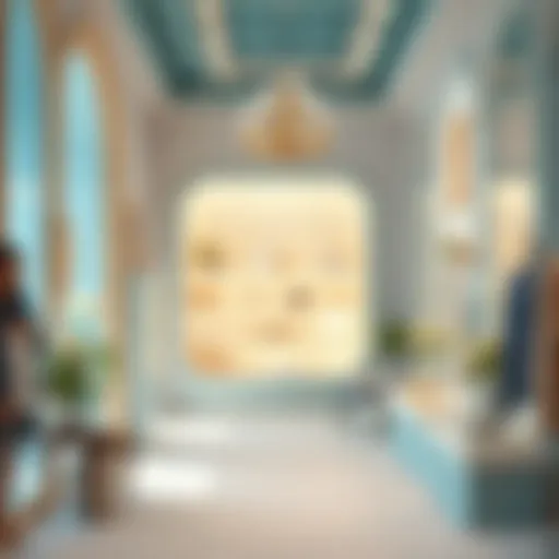 A serene pastel boutique interior showcasing a blend of soft hues and elegant displays.