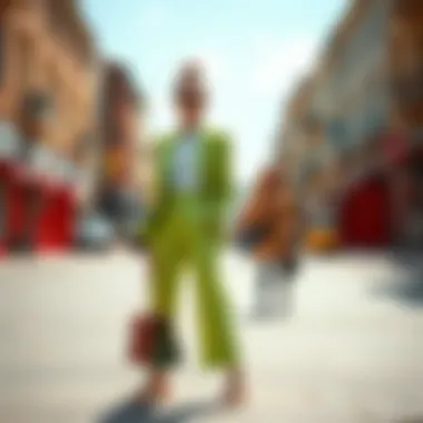 A fashionable ensemble combining pistachio green trousers with contrasting colors