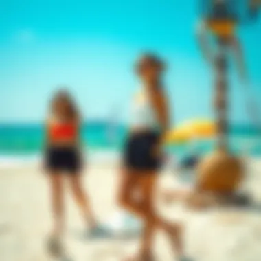 Summer Beach Style with Black Shorts Skirt Fashionable black shorts skirt featured in a summer beach setting.