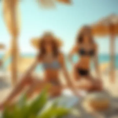 Chic Beach Style with Black and White Swimwear Trendy beach setup featuring black and white swimwear