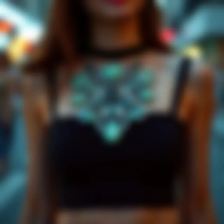 Fashionable black thick strap crop paired with a bold statement necklace