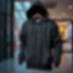 Stylish black hooded jacket displayed on a modern backdrop