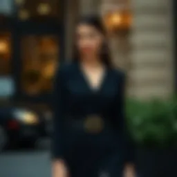 Elegant black mini dress styled with statement accessories