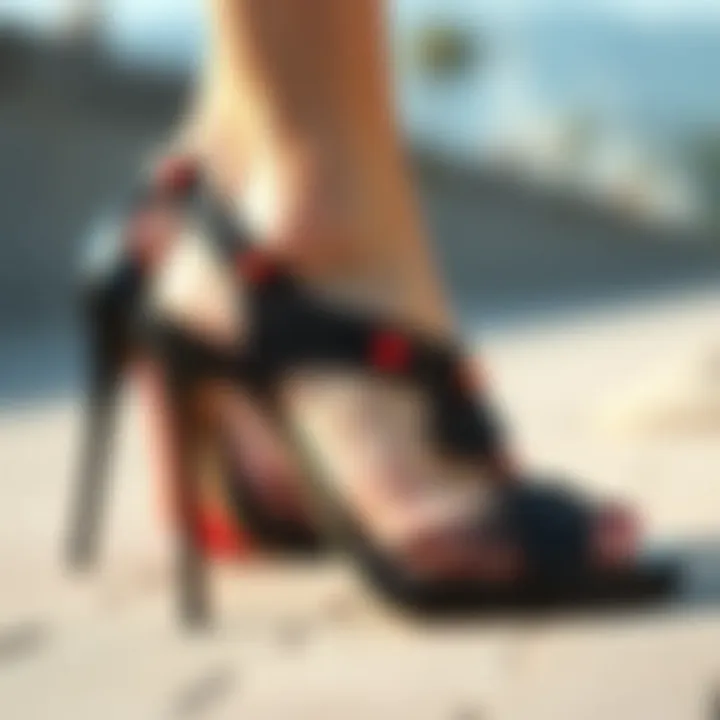 Close-up of black heeled sandals highlighting intricate design details