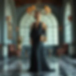 Elegant black long dress showcased in a stylish setting