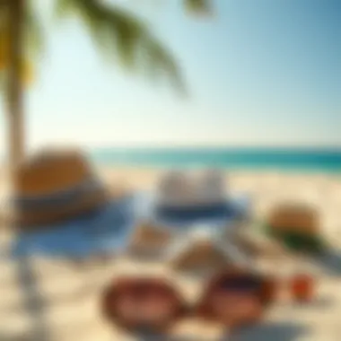 Chic Beachwear Selection Stylish beachwear laid out on a sandy surface.