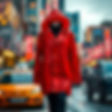 Contemporary Raincoat Fashion A stylish raincoat displayed against a vibrant urban backdrop