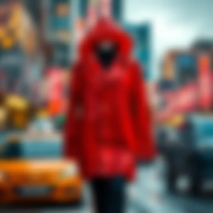 Contemporary Raincoat Fashion A stylish raincoat displayed against a vibrant urban backdrop