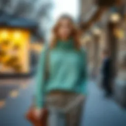 A stylish water green sweater paired with neutral trousers and accessories.