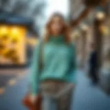 Elegant Combination with Water Green Sweater A stylish water green sweater paired with neutral trousers and accessories.