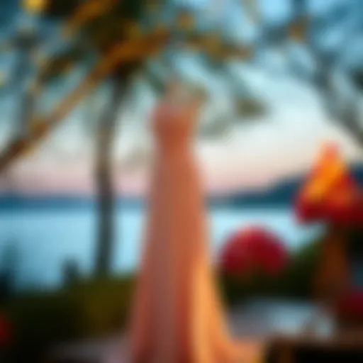 Elegant taffeta evening dress displayed in a serene setting