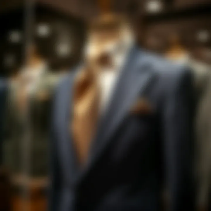 Elegance Embodied: Display of Tailored Suits Stylish suit display with fabric focus