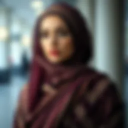 Elegant hijab fashion ensemble featuring intricate patterns