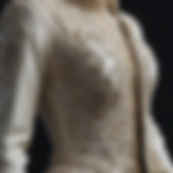 Close-up of intricate stone detailing on a two-piece ensemble, emphasizing sophistication and craftsmanship