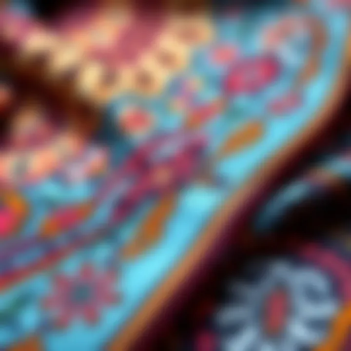 Intricate Patterns on Silk Scarf Close-up of intricate patterns on a silk scarf highlighting craftsmanship.