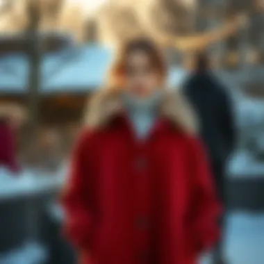 Outdoor Winter Fashion Trendy modest coat with fur lining showcased outdoors against a winter backdrop