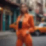 Stylish combination of jumpsuit and jacket in a vibrant urban setting