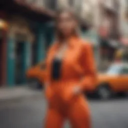 Stylish combination of jumpsuit and jacket in a vibrant urban setting