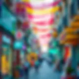 Vibrant shopping street with colorful storefronts