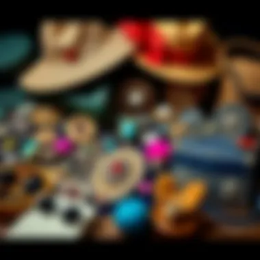 Artistic Arrangement of Vintage Accessories An assortment of vintage accessories including brooches, hats, and handbags arranged artistically.