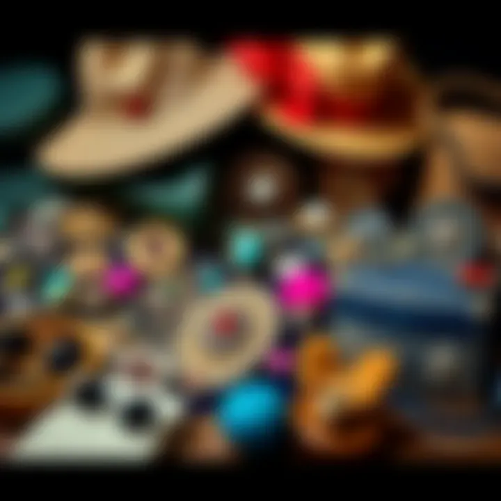 Artistic Arrangement of Vintage Accessories An assortment of vintage accessories including brooches, hats, and handbags arranged artistically.