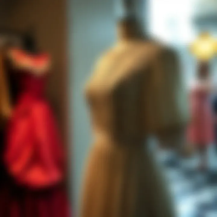 Elegant Vintage Dress Display A vintage dress elegantly displayed on a mannequin showcasing its intricate details.