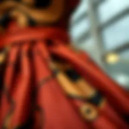 Elegant winter dress showcasing unique fabric patterns.