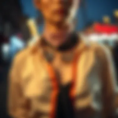 A person accessorizing a collarless shirt with jewelry and scarves