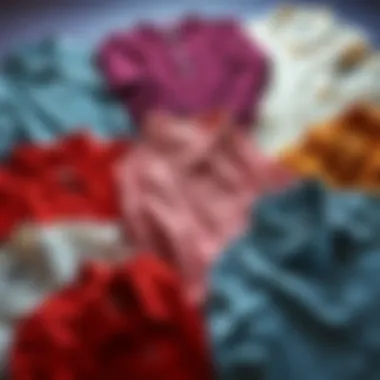 A flat lay of various collarless shirts in different fabrics and colors