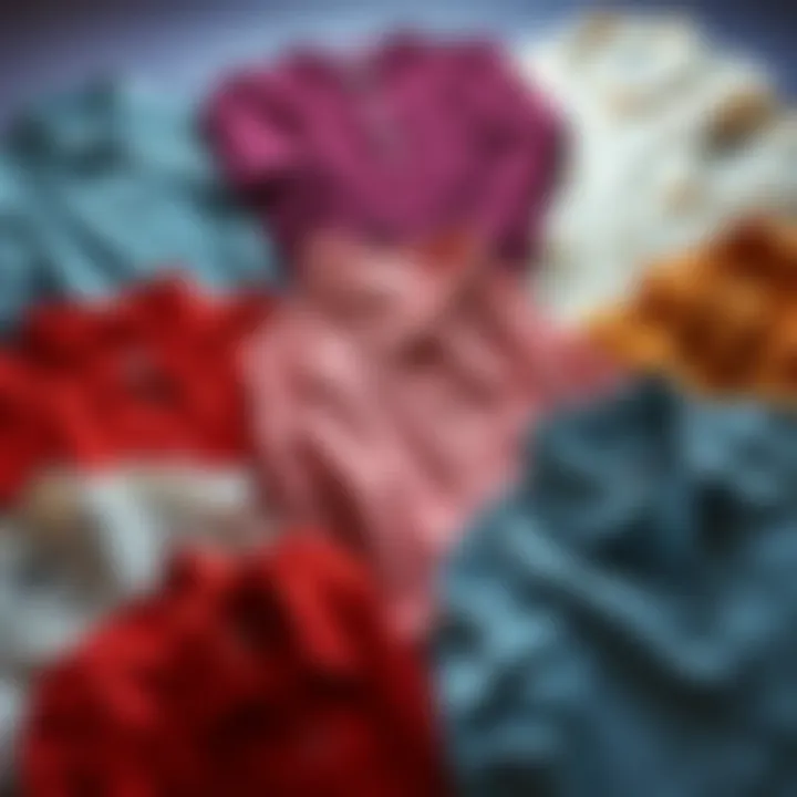 A flat lay of various collarless shirts in different fabrics and colors